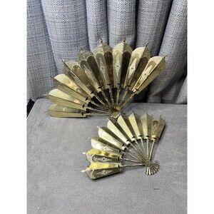 Vtg Home Interiors MCM Wall Art Brass Gold Metal Fans Retro HOMCO Lot of 2